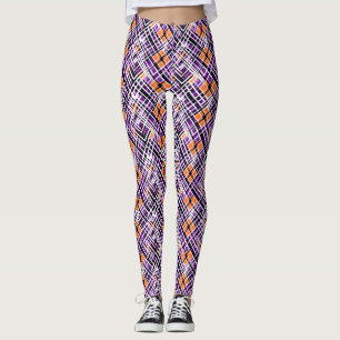 Geometric Halloween Plaid - Purple, Orange, White Leggings