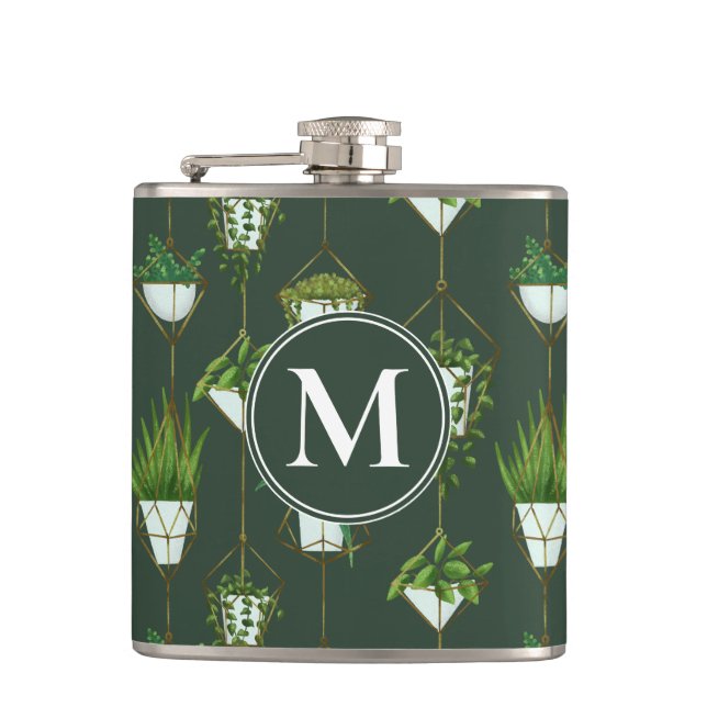 Geometric Hanging Houseplant Pattern Hip Flask (Front)