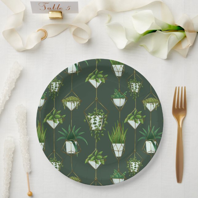 Geometric Hanging Houseplant Pattern Paper Plate (Wedding)