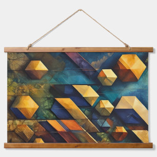 Geometric Harmony: Abstract Cubes in Gold and Teal Hanging Tapestry