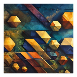Geometric Harmony: Abstract Cubes in Gold and Teal Photo Print