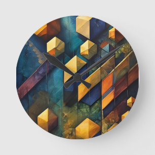 Geometric Harmony: Abstract Cubes in Gold and Teal Round Clock