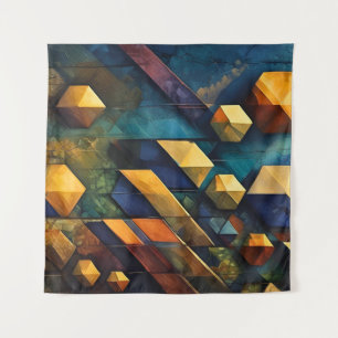 Geometric Harmony: Abstract Cubes in Gold and Teal Tapestry