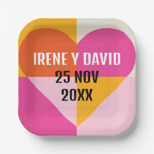 Geometric Heart Orange and Pink Grid Paper Plate