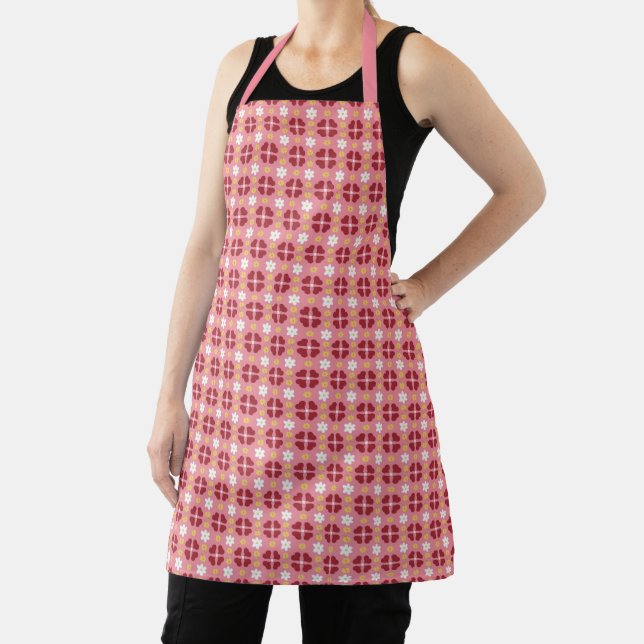 Geometric Hearts & Flowers Rose Pink Medium Apron (Insitu)