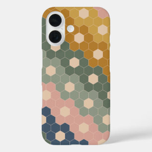 Geometric Hexagon Floral Shapes Earthy Green Pink iPhone 16 Case