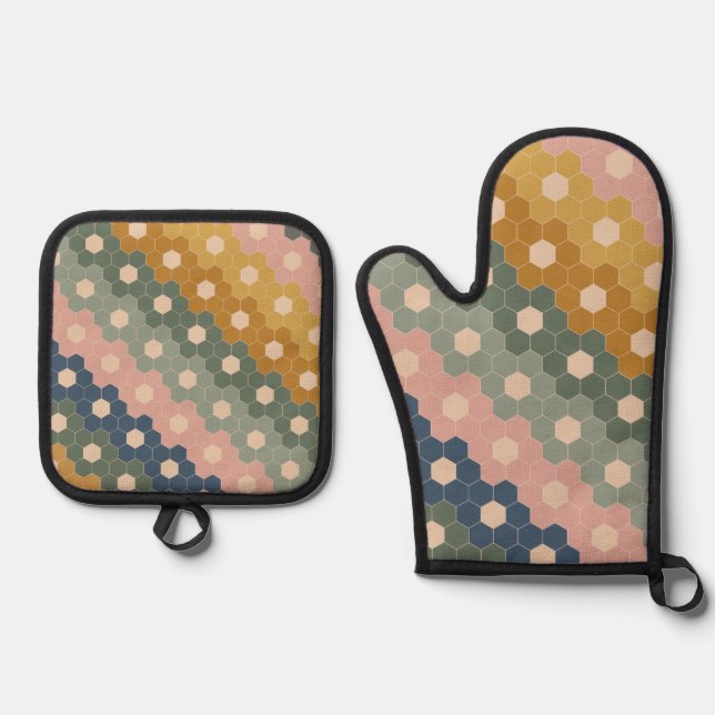 Geometric Hexagon Floral Shapes Earthy Green Pink Oven Mitt & Pot Holder Set (Front)