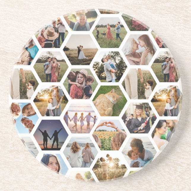Geometric Hexagon Pattern Photo Collage Coaster (Front)