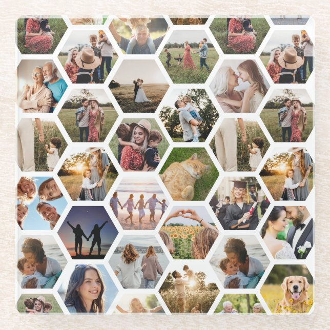 Geometric Hexagon Pattern Photo Collage Glass Coaster (Front)