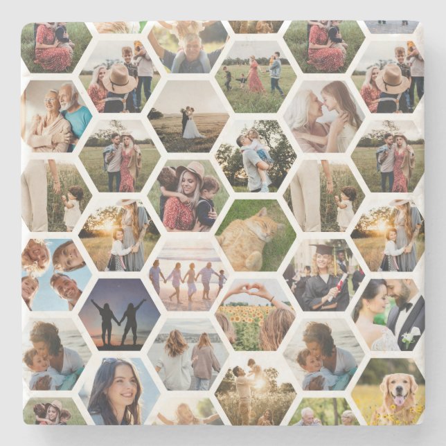 Geometric Hexagon Pattern Photo Collage Stone Coaster (Front)
