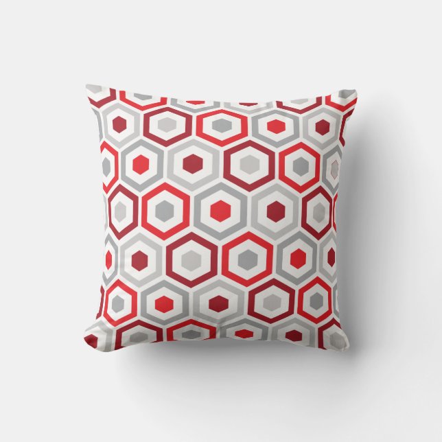 Geometric Hexagon Pattern Pillow | Red Grey (Front)