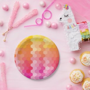 Geometric Hexagon Shapes Pink yellow Paper Plate