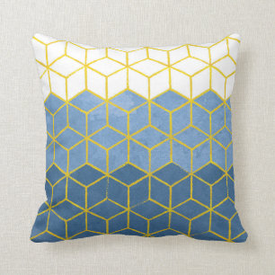 Geometric Hexagons Blue and Gold Cushion