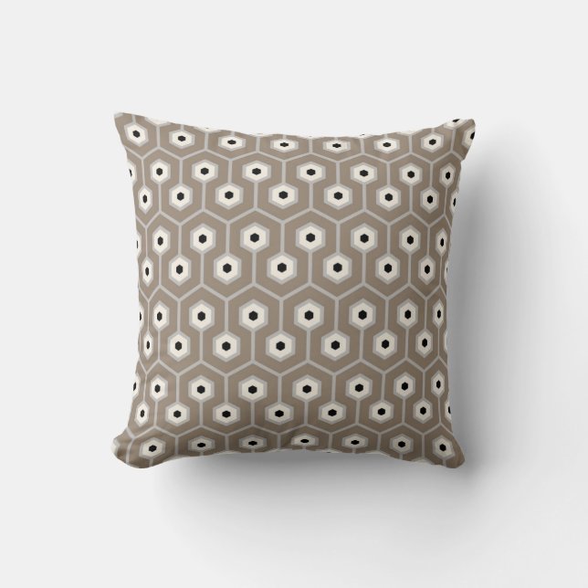 Geometric Hexagons Pattern Taupe Grey Black Cream Cushion (Front)