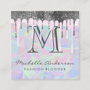 Geometric Holographic Background   Glitter Drip Square Business Card
