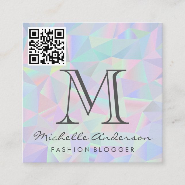 Geometric Holographic Background | QR Scan Label Square Business Card (Front)