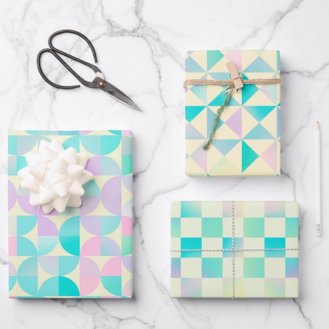 Geometric Holographic Iridescent Pastel Pattern Wrapping Paper Sheet (Front)