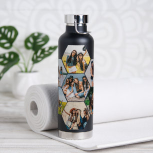 Geometric Honeycomb 7 Photo Collage & Monogram Water Bottle