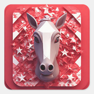 Geometric Horse Portrait in Vibrant Red and White Square Sticker