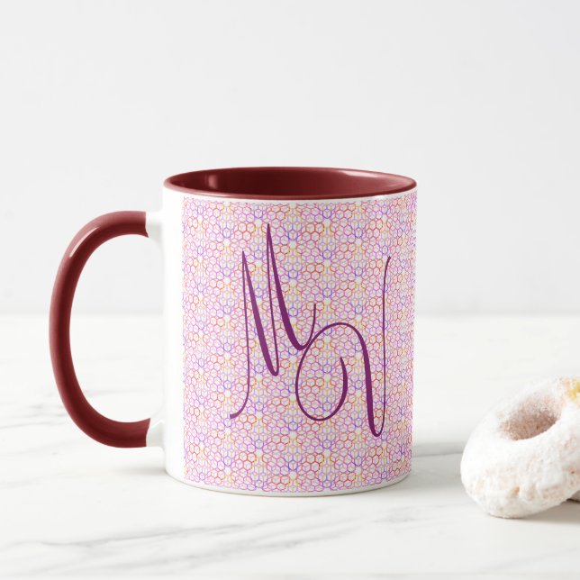 Geometric Hot Colours Monogrammed Mug (With Donut)