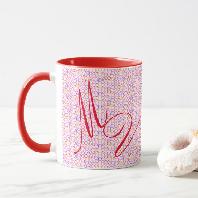 Geometric Hot Colours Monogrammed Mug (With Donut)