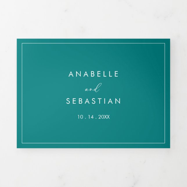 Geometric Idyllic Calligraphy Teal Wedding  Tri-Fold Invitation (Cover)