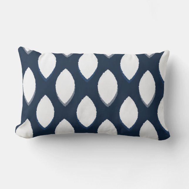 Geometric Ikat Ogee Pattern Navy White Lumbar Cushion (Front)