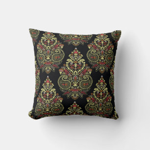 Geometric indianpaisley Design pattern on black ba Cushion