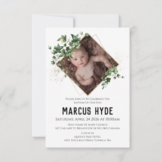 Geometric Ivy Greens Baptism Photo Invitation (Front)