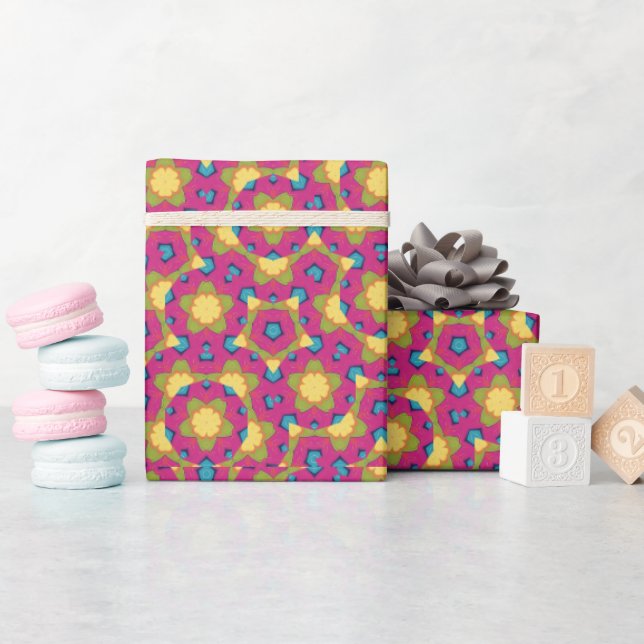 Geometric Kaleidoscopic Mandala Yellow and Pink Wrapping Paper (Baby Shower)