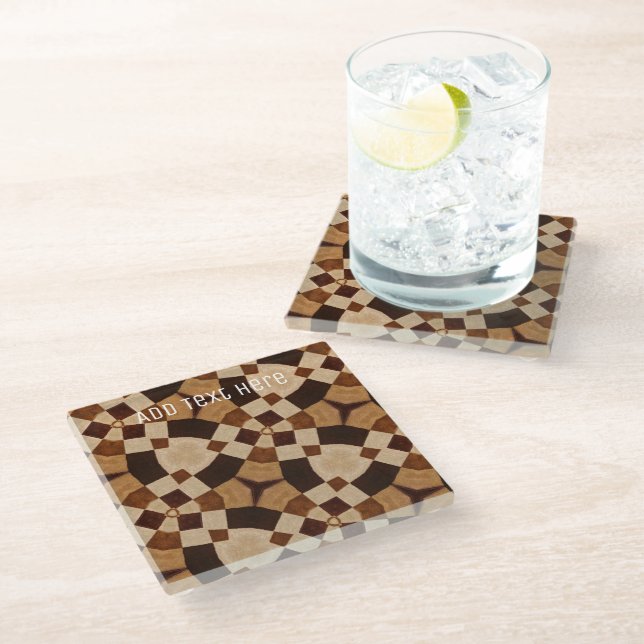 Geometric Kaleidpscope Pattern in Shades of Brown Glass Coaster (Angled)