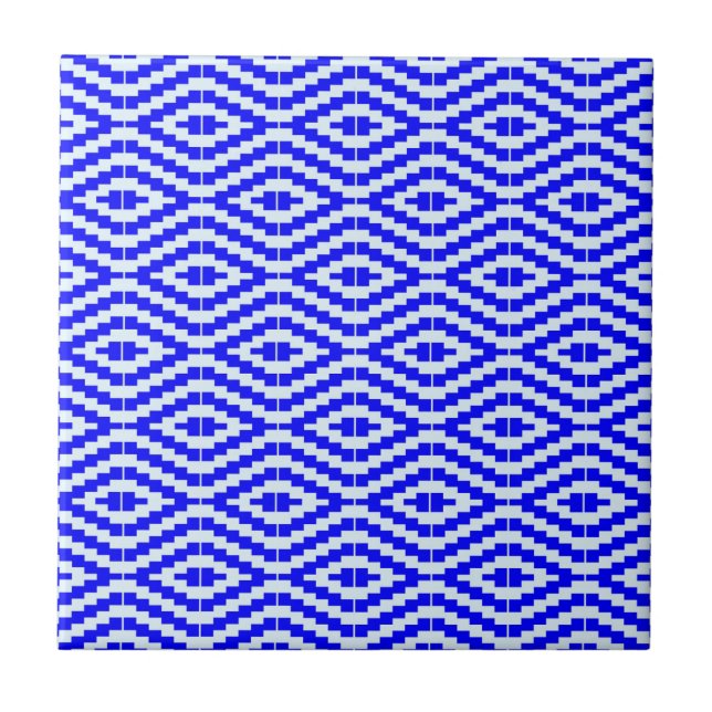 Geometric Kente Bright Blue, White, Ceramic Tile (Front)