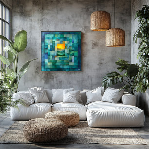 Geometric Landscape Art – Teal and Gold Sunset Poster