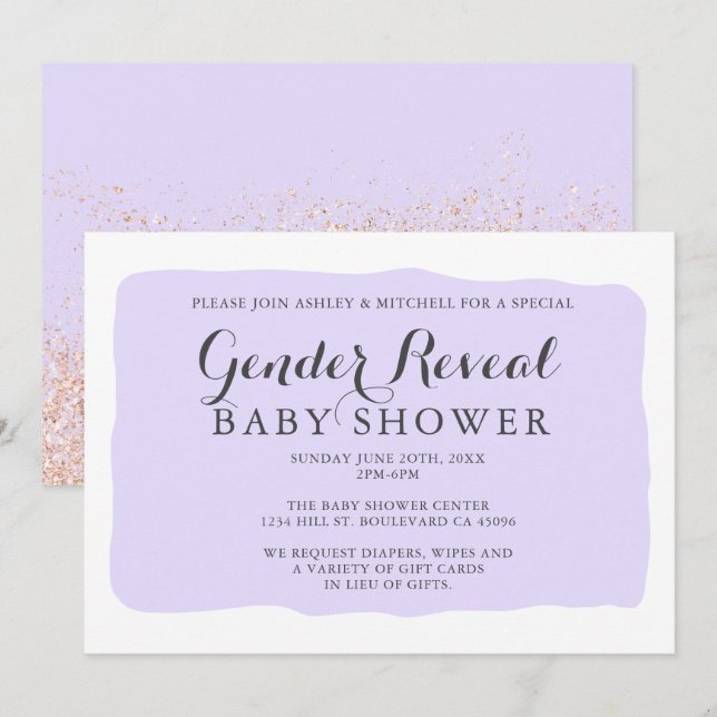 Geometric lavender rose glitter gender reveal baby invitation (Front/Back)