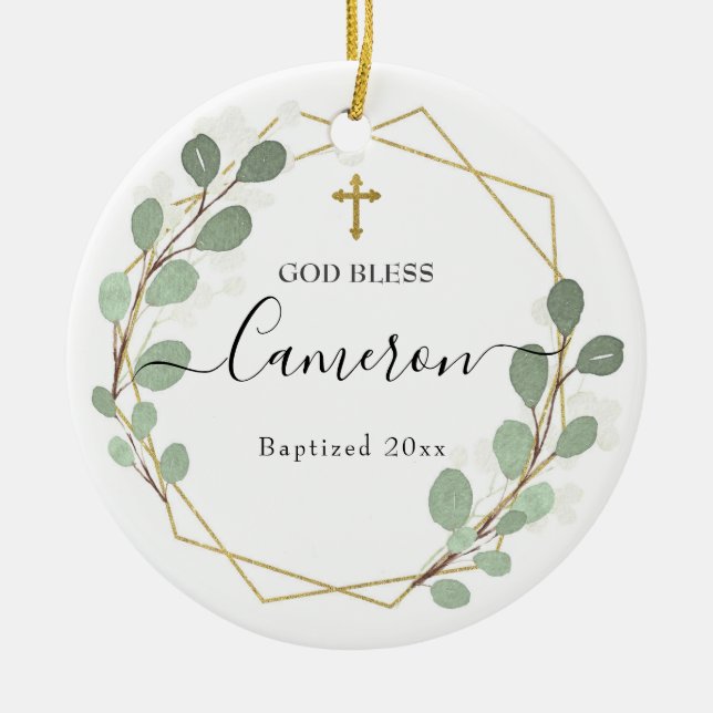 Geometric Leaf Greenery Baptised Ceramic Ornament (Front)