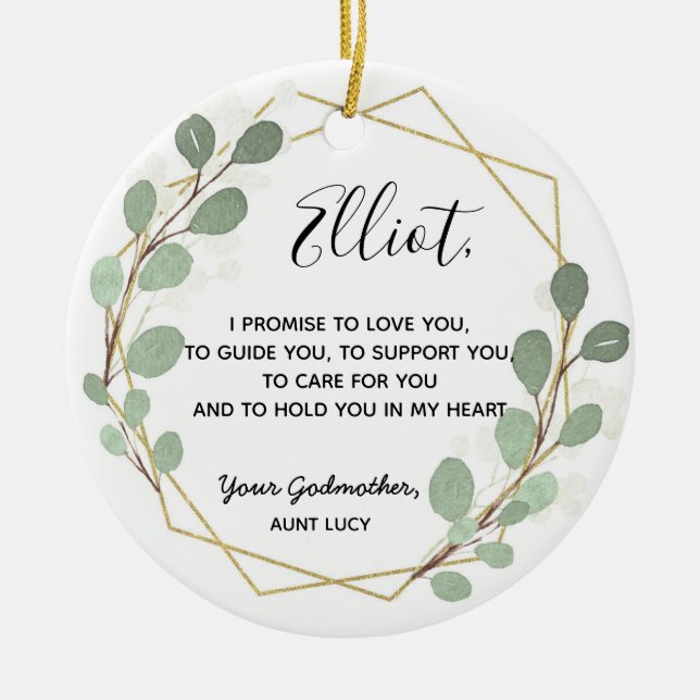 Geometric Leaf Greenery Godfather Boy Promise Ceramic Ornament (Front)