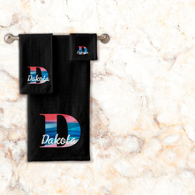 Geometric letter D coral pink monogram black white Bath Towel Set (Creator Uploaded)