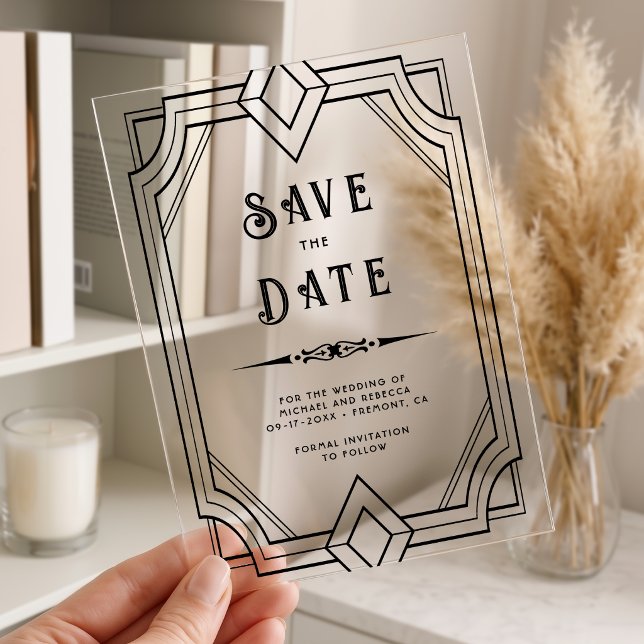Geometric Line Art Deco Wedding Save the Date Acrylic Invitations (Creator Uploaded)