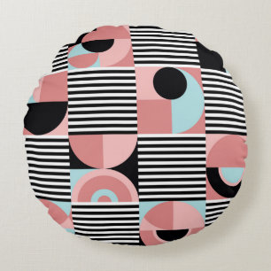 Geometric Lines, Colourful Shapes Mosaic. Round Cushion