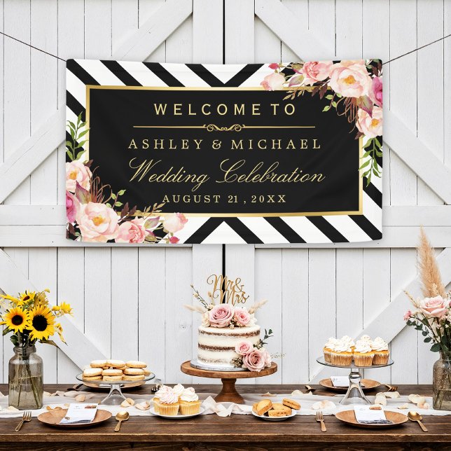 Geometric Lines Floral Wedding Celebration Party Banner (Creator Uploaded)