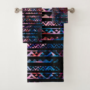 Geometric Lines Tribal  gold on abstract paint Bath Towel Set