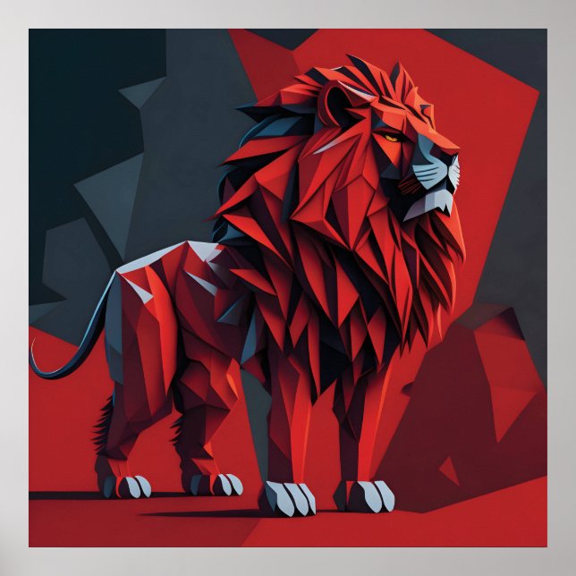 Geometric Lion Red Poster (Front)