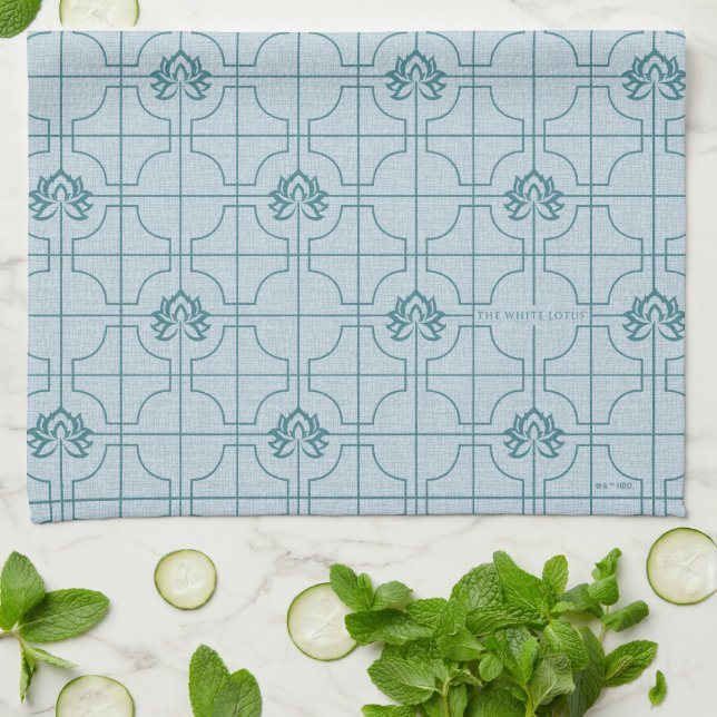 Geometric Lotus Grid Pattern - The White Lotus Tea Towel (Folded)
