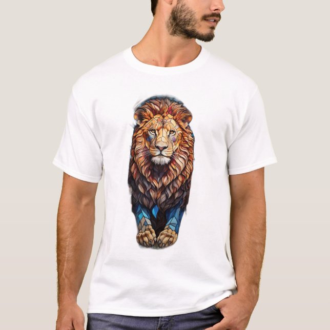 Geometric Majesty: Stained Glass Lion T-Shirt Desi (Front)