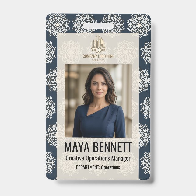 Geometric Mandala Deep Navy Ivory ID Badge (Front)