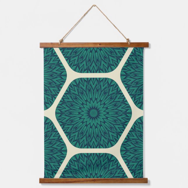 Geometric Mandala Hexagon Pattern – Deep Green & B Hanging Tapestry (Front)