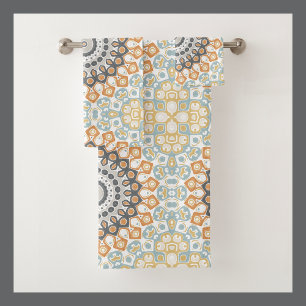 Geometric Mandala in Orange, Grey, and Blue Bath Towel Set