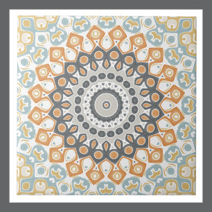 Geometric Mandala in Orange, Grey, and Blue Ceramic Tile