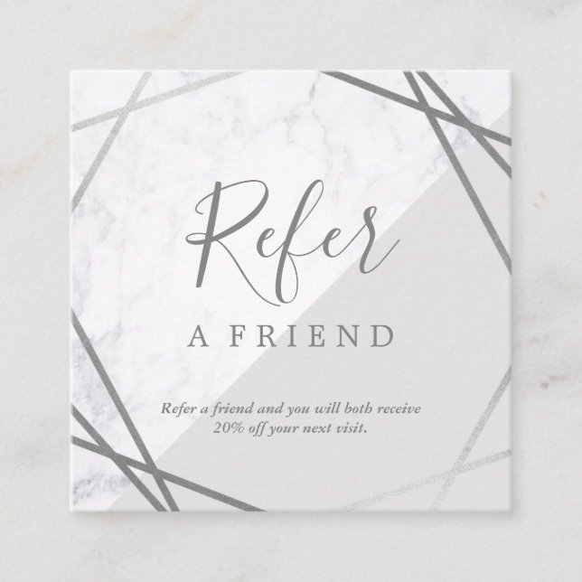 Geometric Marble Silver Grey Square Promo Referral Square Business Card (Front)