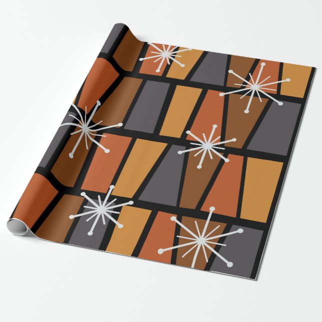 Geometric MCM Abstract Burnt Orange Wrapping Paper (Unrolled)